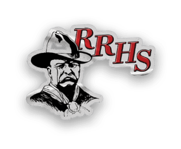 A red cartoon figure wearing a hat and suit is running inside a red rope circle with the text “RED RIVER" above and "TRACK & FIELD" below in black stylized font. Description generated by AI