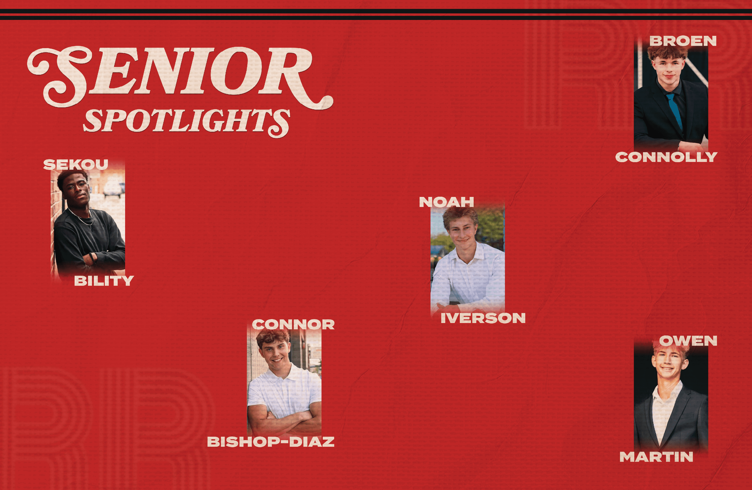 Senior spotlights feature five adults dressed in formal or semi-formal attire with names displayed above and below their photos on a red background. Description generated by AI