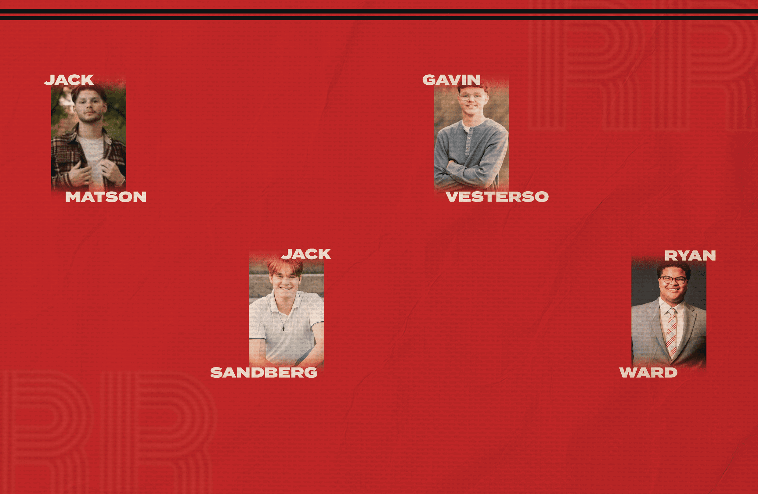 Four adults are shown in separate photos on a red background with names labeled above and below each photo. Description generated by AI