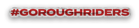 The image features the hashtag #GOROUGHRIDERS in bold red letters with a slight shadow effect on a white background. Description generated by AI