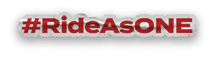 The image displays the hashtag #RideAsONE in bold red letters with a slight shadow effect on a white background. Description generated by AI
