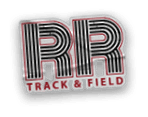 The design features two large stylized letters “RR" with black and white vertical stripes outlined in red, above the text "TRACK & FIELD" in red capital letters. Description generated by AI