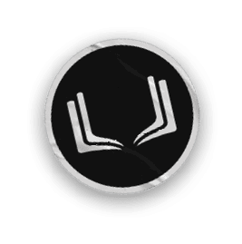 A circular black button with a silver border features a minimalist white icon resembling two open books facing each other. Description generated by AI