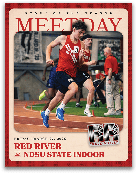 A red and white poster advertising a meet day at the Red River State Indoor. Description generated by AI