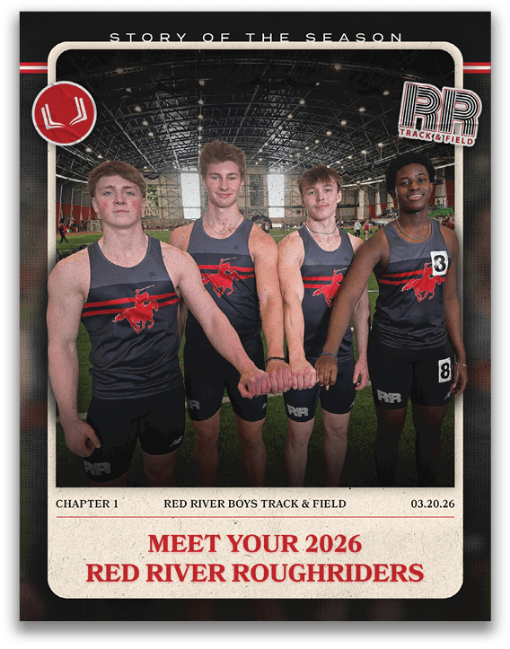 A group of four boys wearing track uniforms. Description generated by AI