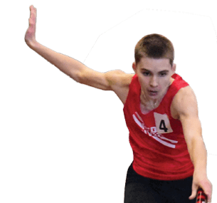 A runner in a red shirt and black shorts is running on a track. Description generated by AI