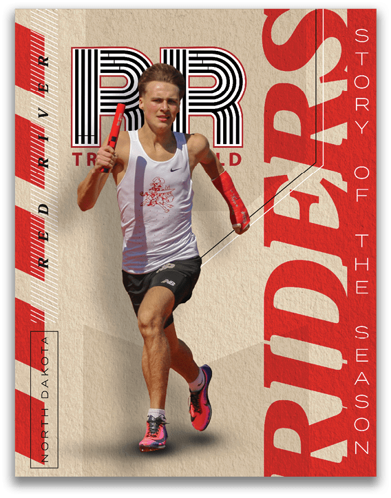 A man running with a red and black pole. Description generated by AI