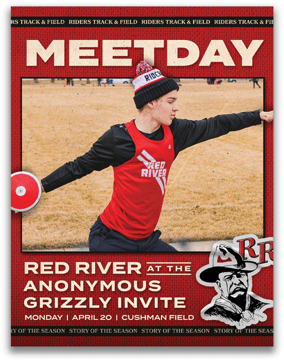 A man wearing a red shirt with the word River on it. Description generated by AI
