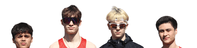 Four men wearing red and black uniforms. Description generated by AI