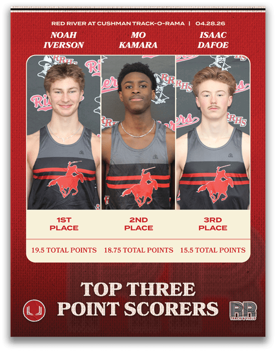 A red and white poster with three men on it. Description generated by AI