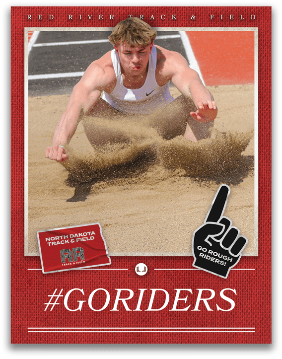 A man wearing a red shirt and black shorts is standing on a track. Description generated by AI