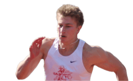 Two men running on a track. Description generated by AI