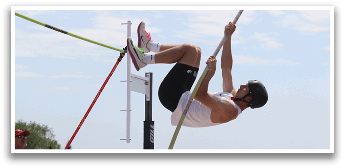 A man is jumping in the air with a pole in his hand. Description generated by AI
