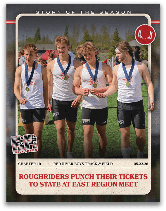 A group of three men wearing track uniforms. Description generated by AI
