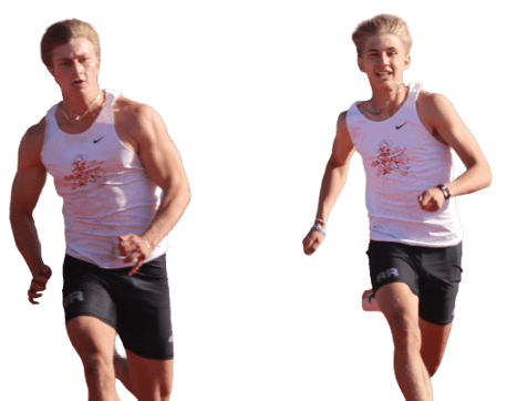 Two men running on a track. Description generated by AI