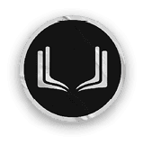 A black circular emblem with a silver border features two symmetrical abstract shapes resembling open books or wings facing each other. Description generated by AI