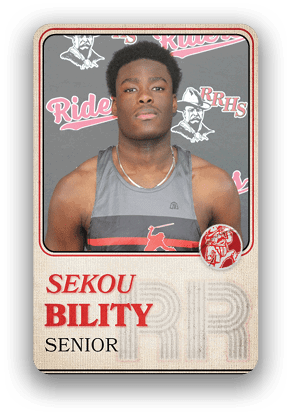 A senior person wearing a sleeveless sports jersey with a necklace is featured on a sports trading card with the name “Sekou Bility" and a background showing a logo with the text "RRHS Riders." Description generated by AI