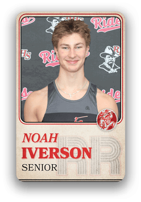 A person wearing a sleeveless athletic shirt and a necklace is shown on a senior sports card with the name Noah Iverson and a background featuring the word “Riders." Description generated by AI