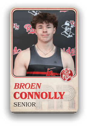 Person with short curly hair wearing a sleeveless sports jersey with a red and black design standing in front of a backdrop with logos and text, identified as Broen Connolly, Senior. Description generated by AI