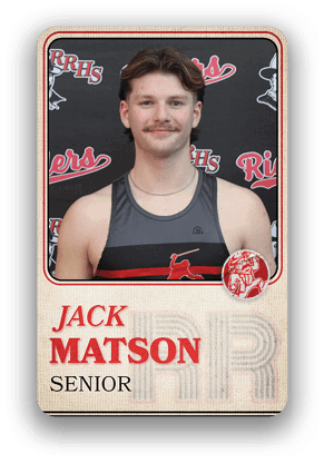 Person wearing a sleeveless sports jersey with a red and black design standing in front of a backdrop with repeated text and logos, with the name Jack Matson and the word Senior displayed below. Description generated by AI