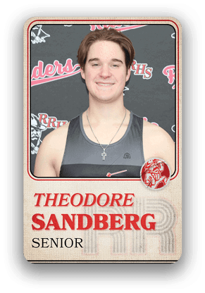 Person wearing a sleeveless athletic shirt and a cross necklace is shown on a senior yearbook-style card with the name Theodore Sandberg. Description generated by AI