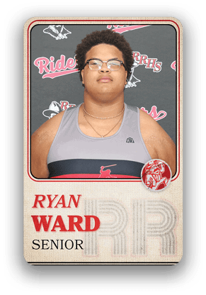 A person wearing a sleeveless athletic top with layered necklaces is shown on a senior year sports card labeled Ryan Ward with a background featuring the word Riders and a mascot. Description generated by AI