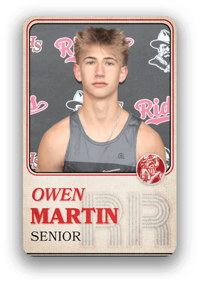 A senior person with short hair wearing a sleeveless athletic shirt and a necklace is shown on a sports-themed card with the name Owen Martin. Description generated by AI