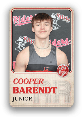 Person wearing a sleeveless athletic shirt and a necklace is posed in front of a backdrop with the text “Riders" and "RRHS" along with a logo of a person wearing a hat, with the name "Cooper Barendt" and "Junior" displayed below. Description generated by AI