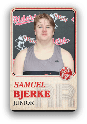 Person with short hair wearing a sleeveless athletic shirt is shown on a sports trading card labeled with the name Samuel Bjerke, junior, and a background featuring the word Riders and a mascot logo. Description generated by AI