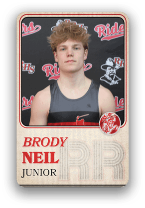 A person with short, tousled hair wearing a sleeveless sports jersey stands in front of a backdrop with the word “Riders" and a logo, with the name Brody Neil and the word Junior displayed below. Description generated by AI
