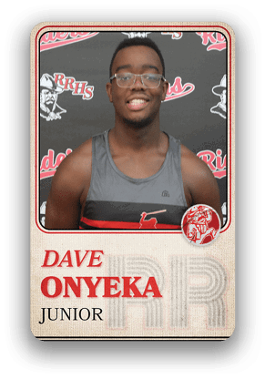 Person wearing a sleeveless athletic shirt posing in front of a backdrop with sports team logos and text identifying them as Dave Onyeka, a junior. Description generated by AI