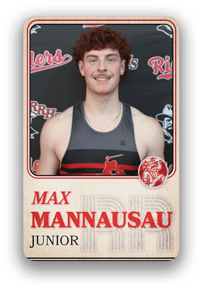 Person with curly hair wearing a sleeveless sports jersey standing in front of a backdrop with text and logos, with the name Max Mannausau and the word Junior displayed below. Description generated by AI