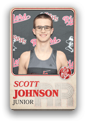 Person wearing a sleeveless athletic shirt standing in front of a backdrop with repeated text and logos, with a name card below reading Scott Johnson Junior. Description generated by AI