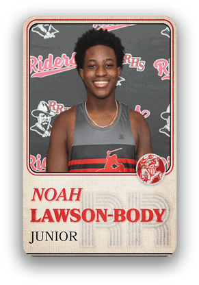Person with short curly hair wearing a sleeveless sports jersey with a red and black design stands in front of a backdrop featuring the word Riders and a mascot logo, with text below identifying them as Noah Lawson-Body, Junior. Description generated by AI