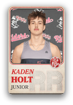 Person wearing a sleeveless athletic shirt and necklace is posed in front of a backdrop with repeated logos and text reading RRHS and Raiders, with the name Kaden Holt and the word Junior displayed below. Description generated by AI