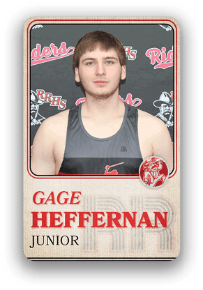 Person wearing a sleeveless athletic shirt standing in front of a backdrop with the words “Riders" and "RRHS" with text below reading "Gage Heffernan Junior." Description generated by AI