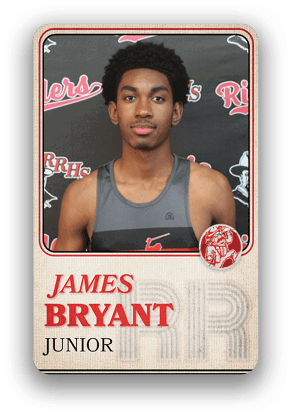 A person wearing a sleeveless athletic shirt stands in front of a backdrop with sports-related logos, with the name James Bryant and the word Junior displayed below. Description generated by AI