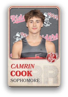 Person with short hair wearing a sleeveless athletic shirt is shown on a sports trading card labeled with the name Camrin Cook and the word sophomore. Description generated by AI