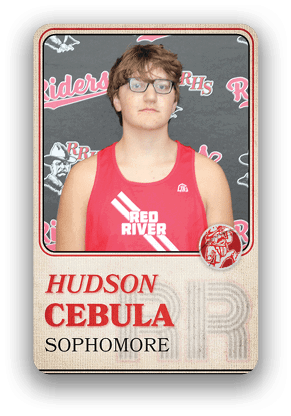 Person wearing a red athletic tank top with “Red River" text posing in front of a backdrop with "Riders" and "RRHS" logos, labeled as Hudson Cebula, sophomore. Description generated by AI