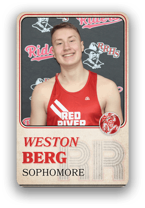 A person wearing a red athletic tank top with “Red River" written on it is posed in front of a backdrop with "RRHS Riders" logos, with text below identifying them as Weston Berg, a sophomore. Description generated by AI