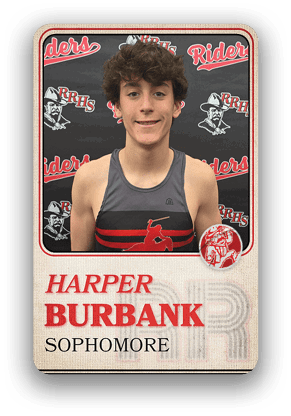 Person with curly hair wearing a sleeveless sports jersey with a red and black design standing in front of a backdrop featuring the words “Riders" and "RRHS" along with a logo of a person wearing a hat, with text below identifying the name Harper Burbank and the status sophomore. Description generated by AI