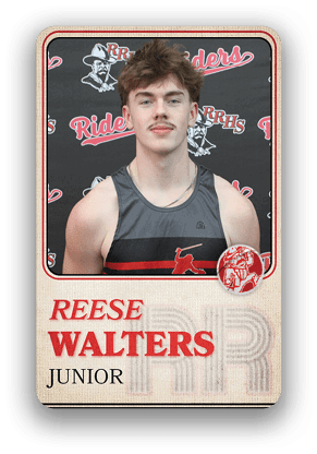A person with short curly hair wearing a sleeveless athletic shirt is shown on a sports trading card labeled Reese Walters, Junior, with a background featuring the word Riders and a mascot logo. Description generated by AI