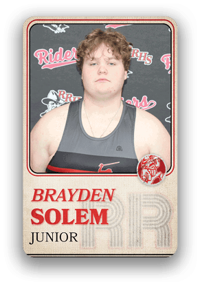 Person with curly hair wearing a sleeveless athletic top posing in front of a backdrop with the word Riders and a logo, with text below identifying them as Brayden Solem, Junior. Description generated by AI