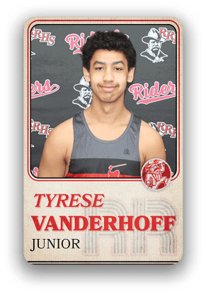 Person with short curly hair wearing a sleeveless athletic shirt posing in front of a backdrop with the words “Riders" and "RRHS" and the name Tyrese Vanderhoff with the label Junior below. Description generated by AI