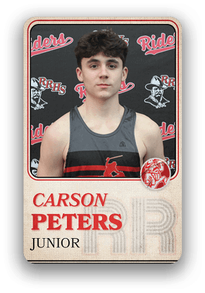 Person wearing a sleeveless athletic shirt with a sports logo stands in front of a backdrop featuring the text “Riders" and "RRHS" along with a mascot illustration, with the name Carson Peters and the word Junior displayed below. Description generated by AI