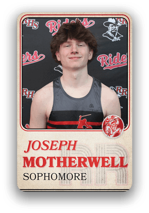 Person with curly hair wearing a sleeveless sports jersey with a baseball player graphic stands in front of a backdrop featuring the word Riders and a logo, with text below identifying them as Joseph Motherwell, a sophomore. Description generated by AI
