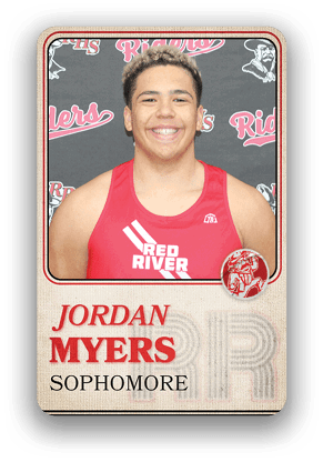 Person wearing a red athletic tank top with “Red River" text posing in front of a backdrop with similar branding and the name "Jordan Myers" and "Sophomore" displayed below. Description generated by AI