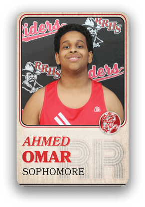 Person wearing a red sports jersey with the name Ahmed Omar and the word sophomore displayed below on a card with a Raiders logo background. Description generated by AI