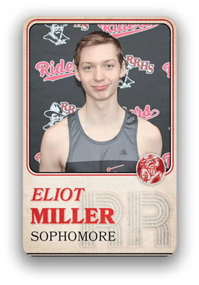 Person wearing a sleeveless athletic shirt posing in front of a backdrop with the words Riders and RRHS, with text below identifying the person as Eliot Miller, a sophomore. Description generated by AI