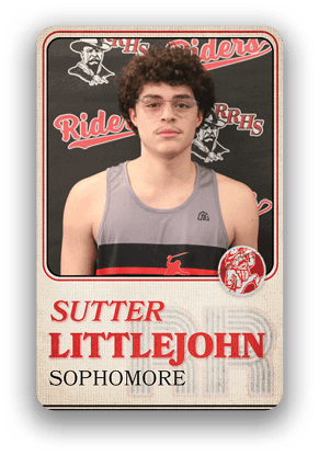 A person with curly hair wearing a sleeveless sports jersey stands in front of a backdrop with the text “Riders" and "RRHS" with the name "Sutter Littlejohn" and "Sophomore" displayed below. Description generated by AI